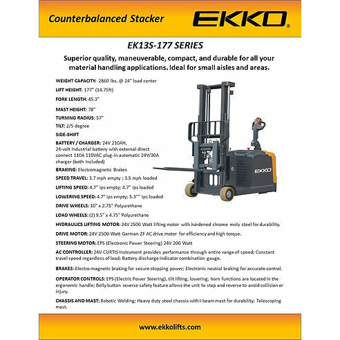 EKKO Counterbalanced Walkie Stacker | Side-Shifting | 177” Lift Height | 2860 lb Capacity | EK13S-177