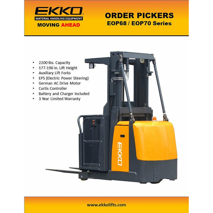 EKKO 42" Fork Electric Mid-Level Order Picker with 196" Lift and 2200 lb Load Capacity - EOP70