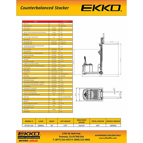 EKKO Counterbalanced Walkie Stacker | Side-Shifting | 177” Lift Height | 2860 lb Capacity | EK13S-177