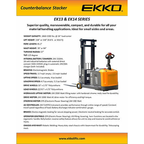 EKKO Counterbalanced Walkie Stacker | 118" Lift Height | 3300 lb Capacity | EK14