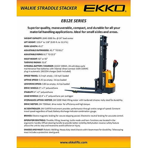 EKKO Electric Straddle Stacker | 138" Lift Height | 2640 lb Capacity | EB12E-138