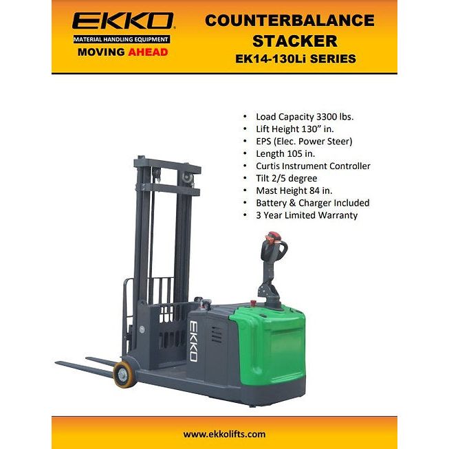 EKKO Lithium Counterbalanced Walkie Stacker | SIDE-SHIFTING | 130" Lift Height | 3300 lb Capacity | EK14S-130LI