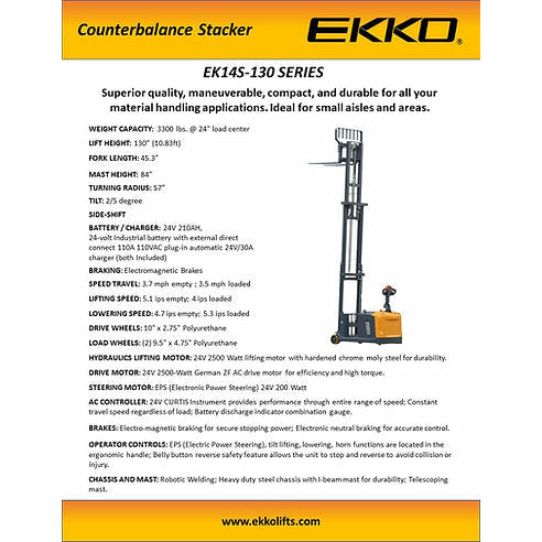 EKKO Counterbalanced Walkie Stacker | Side-Shifting | 130” Lift Height | 3300 lb Capacity | EK14S-130