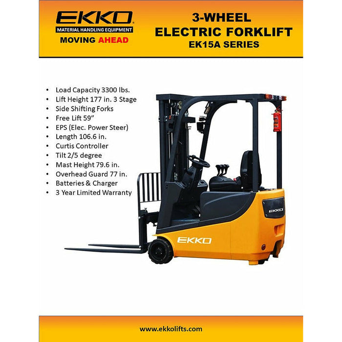 EKKO 3 Wheel Electric Forklift, 3300 lb Cap., 177" Lift Ht., Side Shift - EK15A