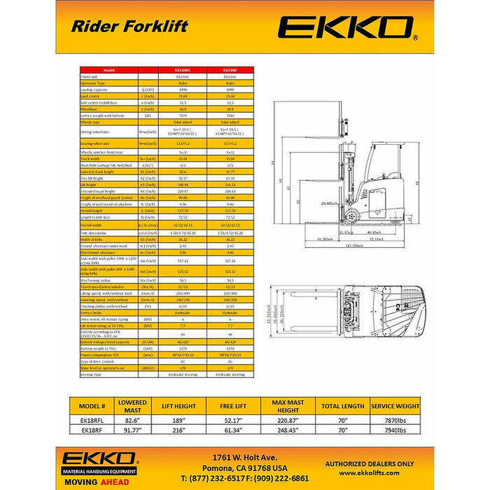 EKKO Stand-up Rider Forklift, 4000 lb Cap., 189" Lift Ht. 48V - EK18RFL