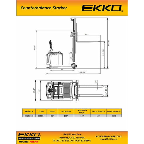 EKKO Counterbalanced Walkie Stacker | Side-Shifting | 130” Lift Height | 3300 lb Capacity | EK14S-130