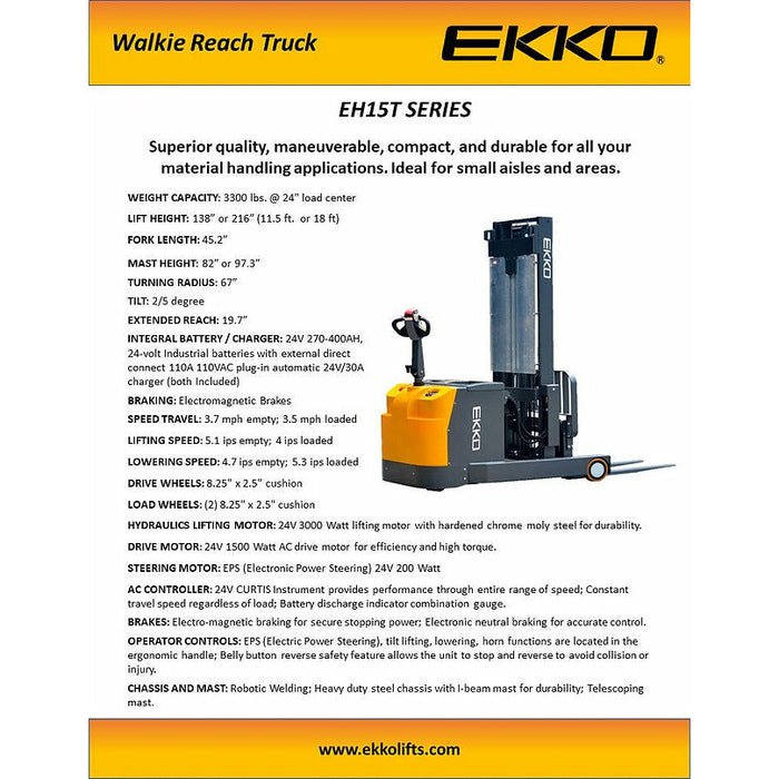 EKKO Moving Mast Walkie Reach Truck 3300 lb Cap., 216" Height - EH15TH