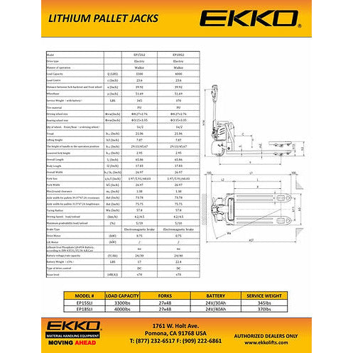 EKKO Lithium Semi Electric Walkie Pallet Truck with 4000 lb Load Capacity - EP18SLi