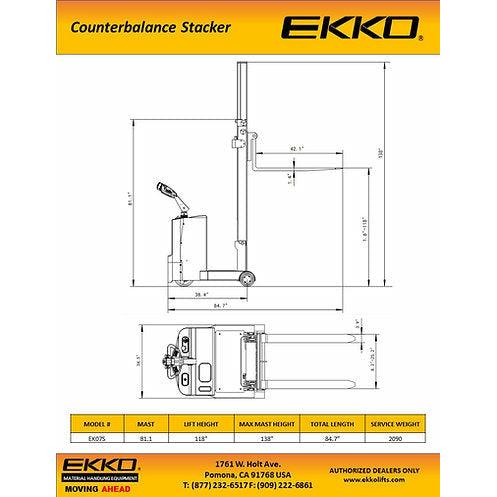 EKKO Counterbalanced Walkie Stacker | 118" Lift Height | 1550 lb Capacity | EK07S