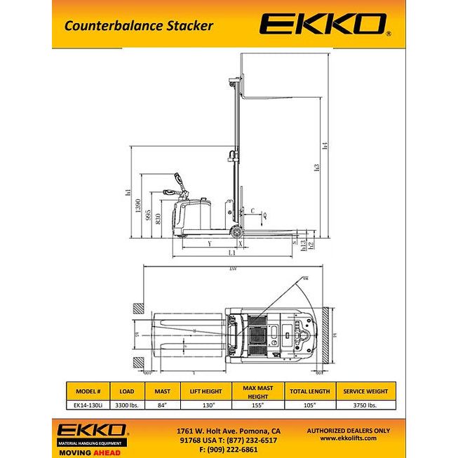 EKKO Lithium Counterbalanced Walkie Stacker | SIDE-SHIFTING | 130" Lift Height | 3300 lb Capacity | EK14S-130LI