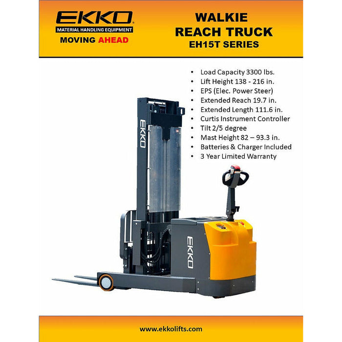 EKKO Moving Mast Walkie Reach Truck 3300 lb Cap., 216" Height - EH15TH