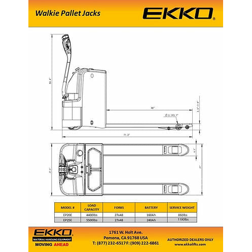 EKKO Electric Walkie Pallet Truck with 5500 lb Load Capacity - EP25E