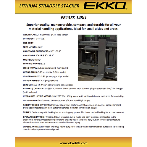 EKKO Lithium Straddle Stacker | Side-Shifting | 145" Lift Height | 2640 lb Capacity | EB13ES-145Li