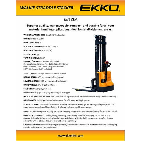 EKKO Electric Straddle Stacker | 145" Lift Height | 3000 lb Capacity | EB12EA