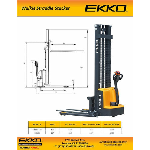 EKKO Electric Straddle Stacker | 119" Lift Height | 2800 lb Capacity | EB13E