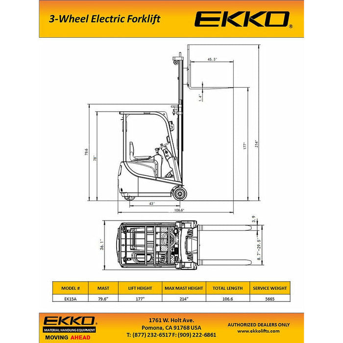 EKKO 3 Wheel Electric Forklift, 3300 lb Cap., 177" Lift Ht., Side Shift - EK15A