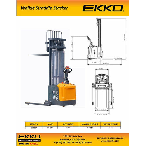 EKKO Electric Straddle Stacker | 216" Lift Height | 4400 lb Capacity | EB16EA