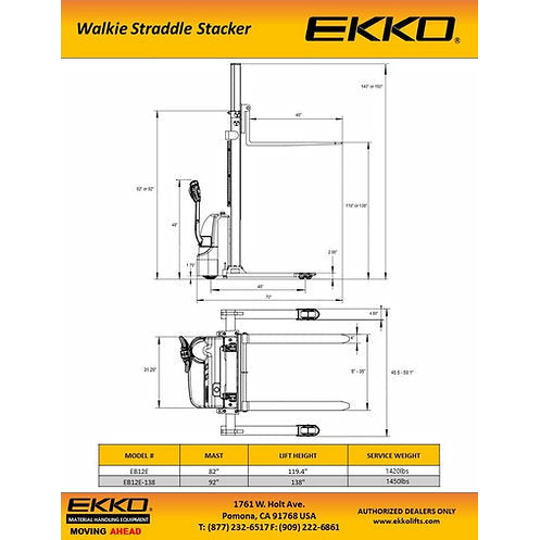 EKKO Electric Straddle Stacker | 138" Lift Height | 2640 lb Capacity | EB12E-138