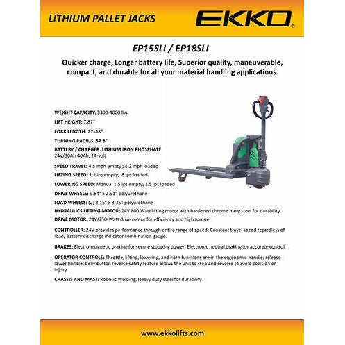 EKKO Lithium Semi Electric Walkie Pallet Truck with 3300 lb Load Capacity - EP15SLi