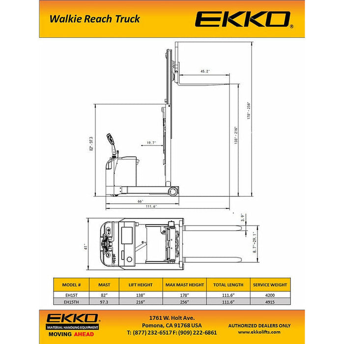 EKKO Moving Mast Walkie Reach Truck 3300lbs. Cap., 138" Height - EH15T