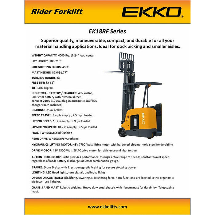 EKKO Stand-up Rider Forklift, 4000 lb Cap., 216" Lift Ht. 48V - EK18RF