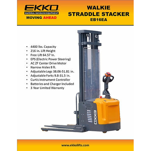 EKKO Electric Straddle Stacker | 216" Lift Height | 4400 lb Capacity | EB16EA