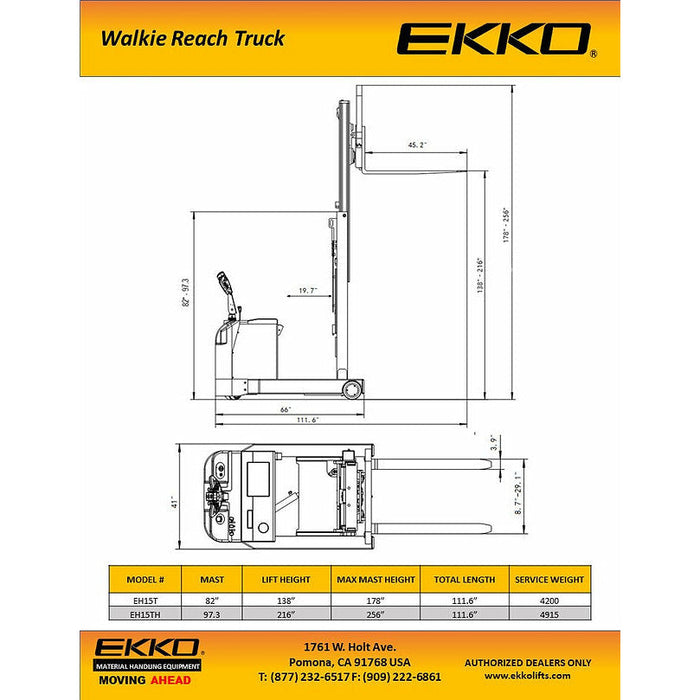 EKKO Moving Mast Walkie Reach Truck 3300 lb Cap., 216" Height - EH15TH