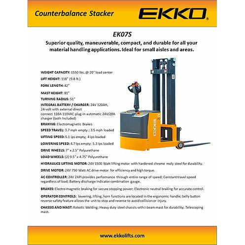 EKKO Counterbalanced Walkie Stacker | 118" Lift Height | 1550 lb Capacity | EK07S