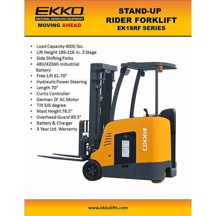 EKKO Stand-up Rider Forklift, 4000 lb Cap., 216" Lift Ht. 48V - EK18RF