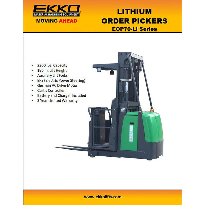 EKKO 42" Fork Lithium Electric Mid-Level Order Picker with 196" Lift and 2200 lb Load Capacity - EOP70-LI