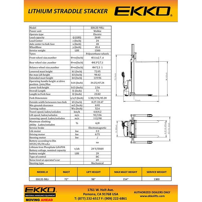 EKKO Lithium Straddle Stacker | 98" Lift Height | 2640 lb Capacity | EB12E-98Li