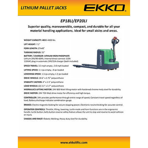 EKKO Curtis Controller Lithium Electric Walkie Pallet Truck with 4400 lb Load Capacity - EP20Li