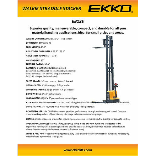 EKKO Electric Straddle Stacker | 138" Lift Height | 2800 lb Capacity | EB13E-138