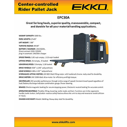 EKKO Center Controlled Rider Pallet Truck with 5000 lb Load Capacity - EPC30A