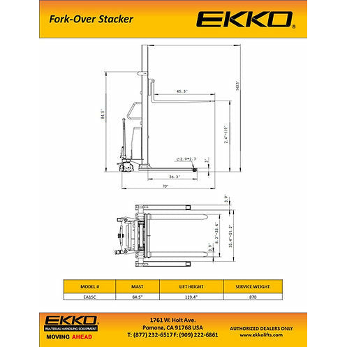 EKKO Fork-Over Semi-Electric Stacker | 119" Lift Height | 3300 lb Capacity | EA15C