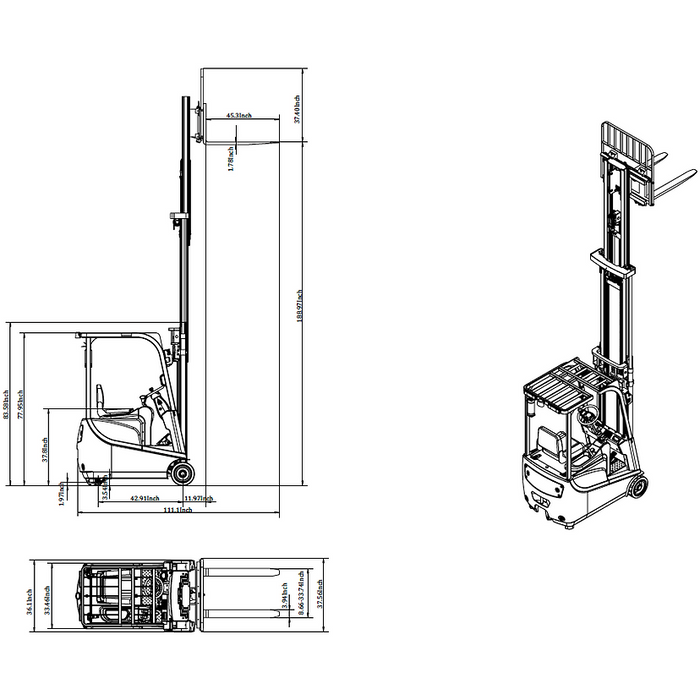 EKKO 3 Wheel Electric Forklift, 3300 lbs Cap., 189'' Lift Ht. - EK15A-189LI