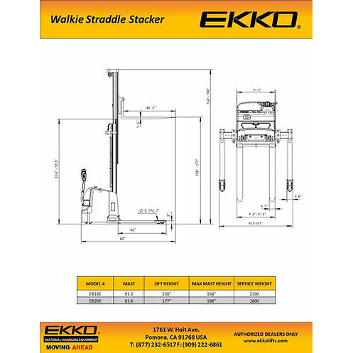 EKKO Electric Straddle Stacker | 177" Lift Height | 4400 lb Capacity | EB20E