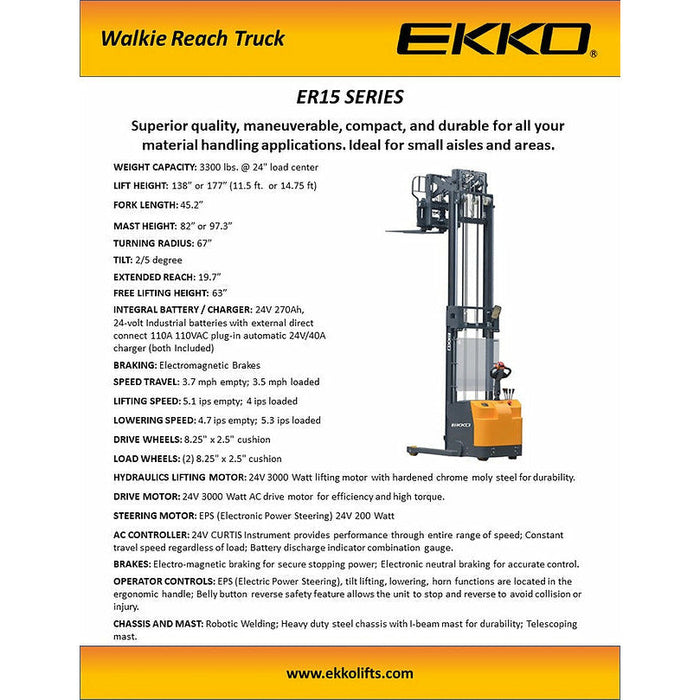 EKKO Walkie Reach Truck 3300 lb Cap., 177" Height, Side Shift - ER15