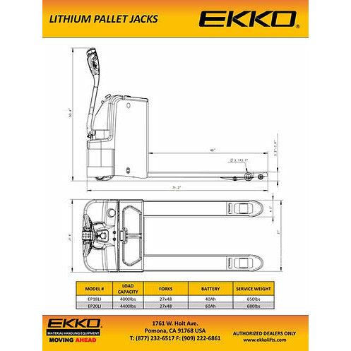 EKKO Curtis Controller Lithium Electric Walkie Pallet Truck with 4400 lb Load Capacity - EP20Li