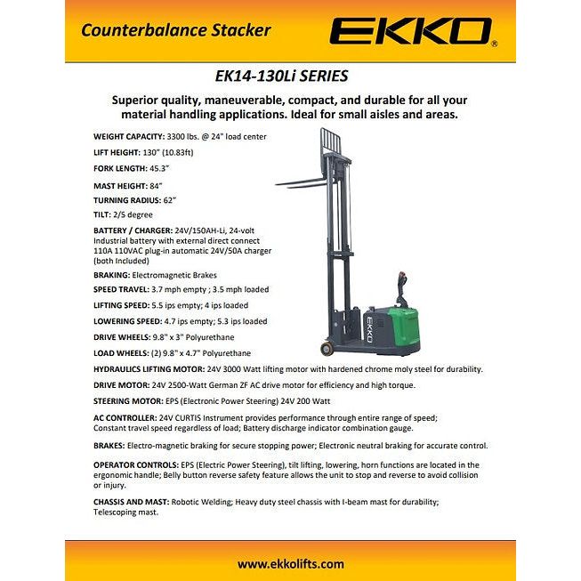 EKKO Lithium Counterbalanced Walkie Stacker | SIDE-SHIFTING | 130" Lift Height | 3300 lb Capacity | EK14S-130LI